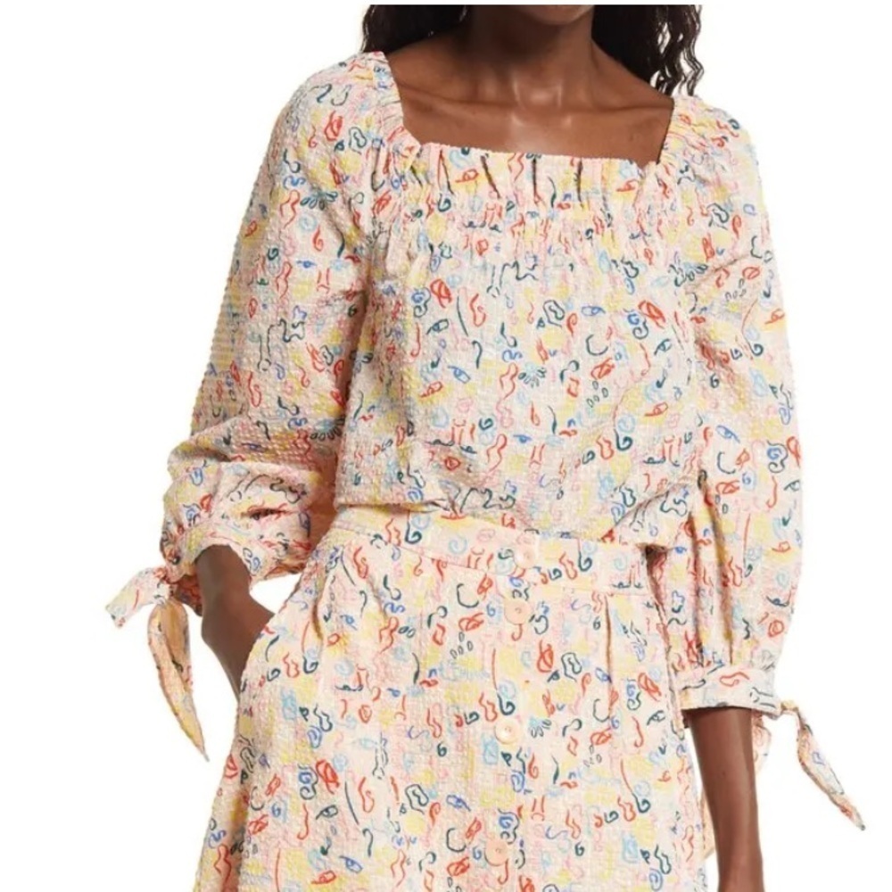 Nordstrom x Cristina Martinez Artist Print Poet Blouse Pink Peach - size S